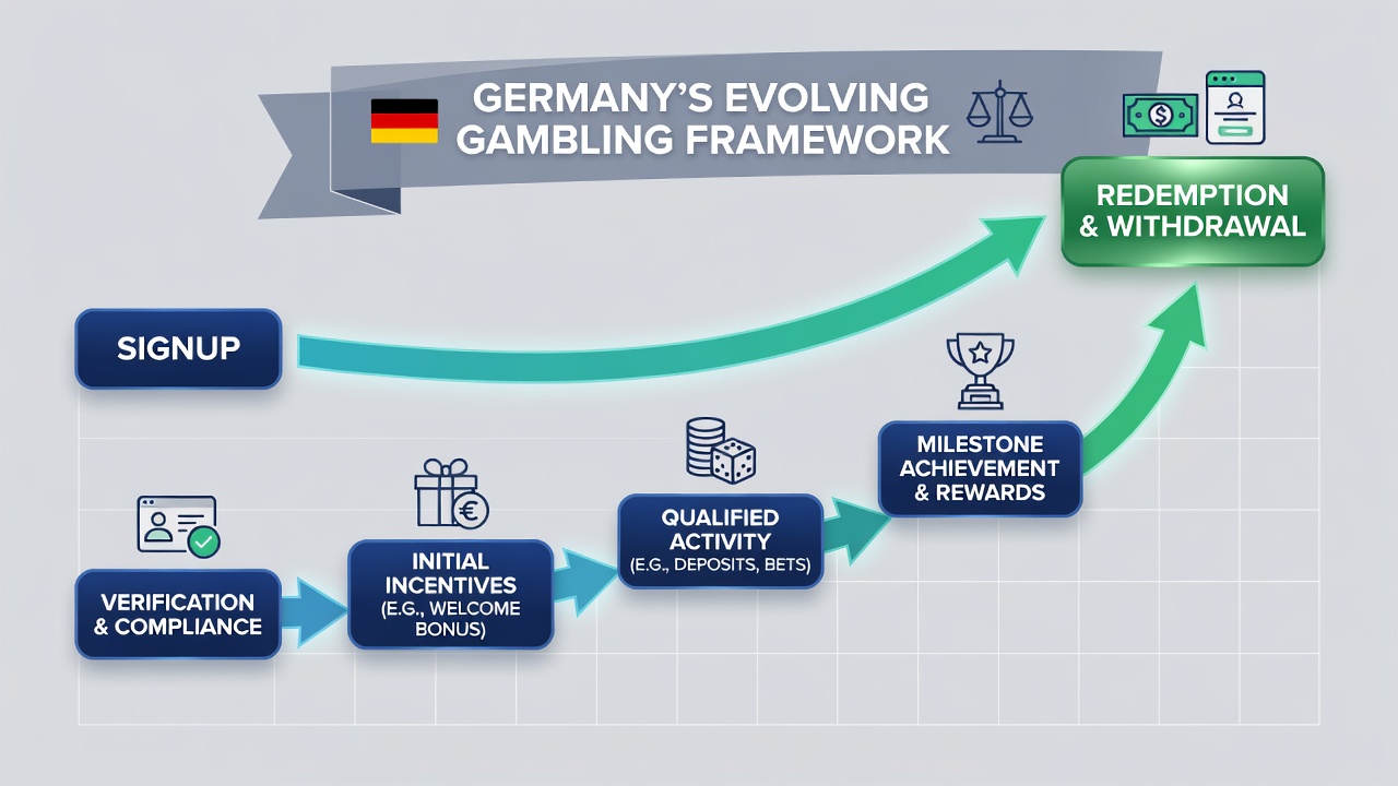 Diagramm der Anreizpfade von der Registrierung bis zur Einlösung in deutschen Online-Casinos unter aktuellen Vorschriften