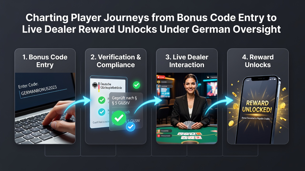 Darstellung eines Spielerpfads von der Bonus-Code-Eingabe bis zu Live-Dealer-Belohnungen in einem regulierten deutschen Casino-Umfeld