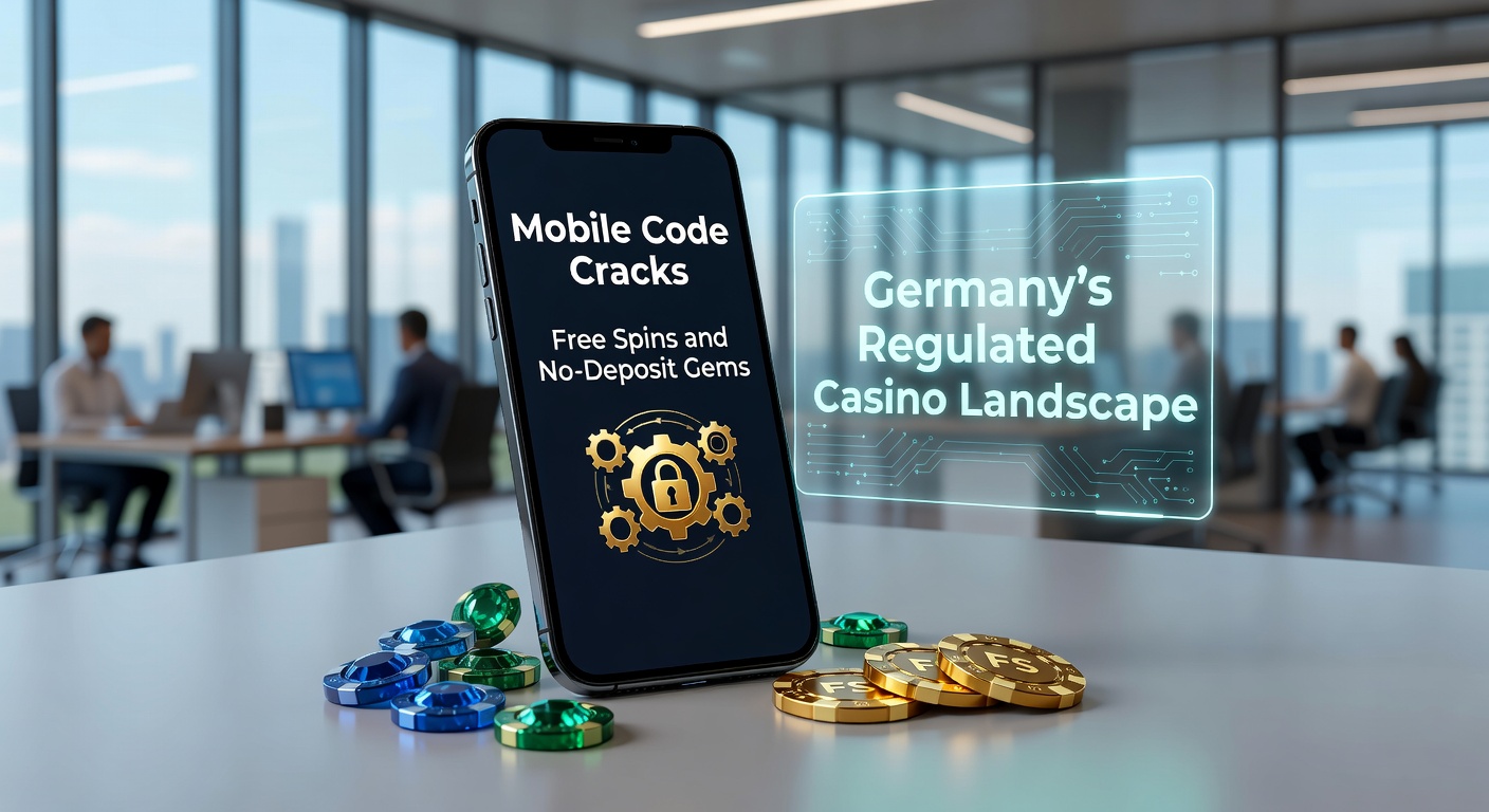 Smartphone mit Casino-App und leuchtenden Promo-Codes auf dem Bildschirm, umgeben von Symbolen für Free Spins und Gems in einem modernen, regulierten deutschen Online-Casino-Kontext