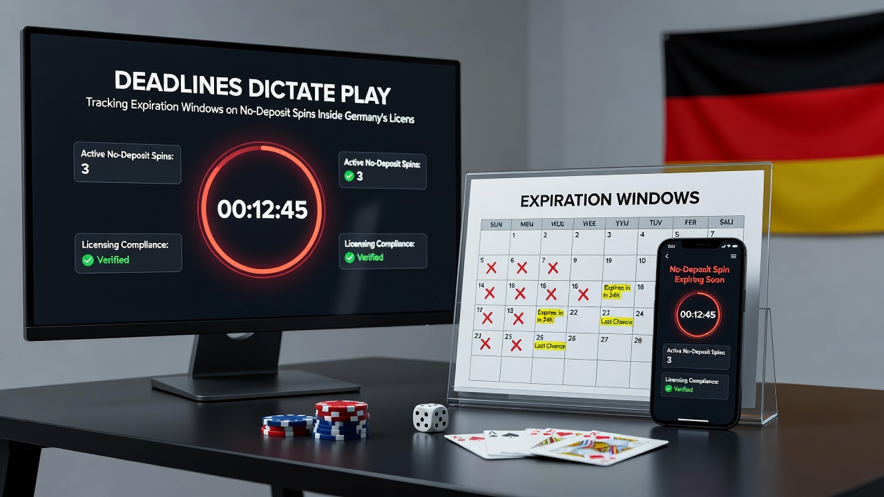 Screenshot einer Casino-App mit Countdown-Timer für ablaufende No-Deposit-Spins